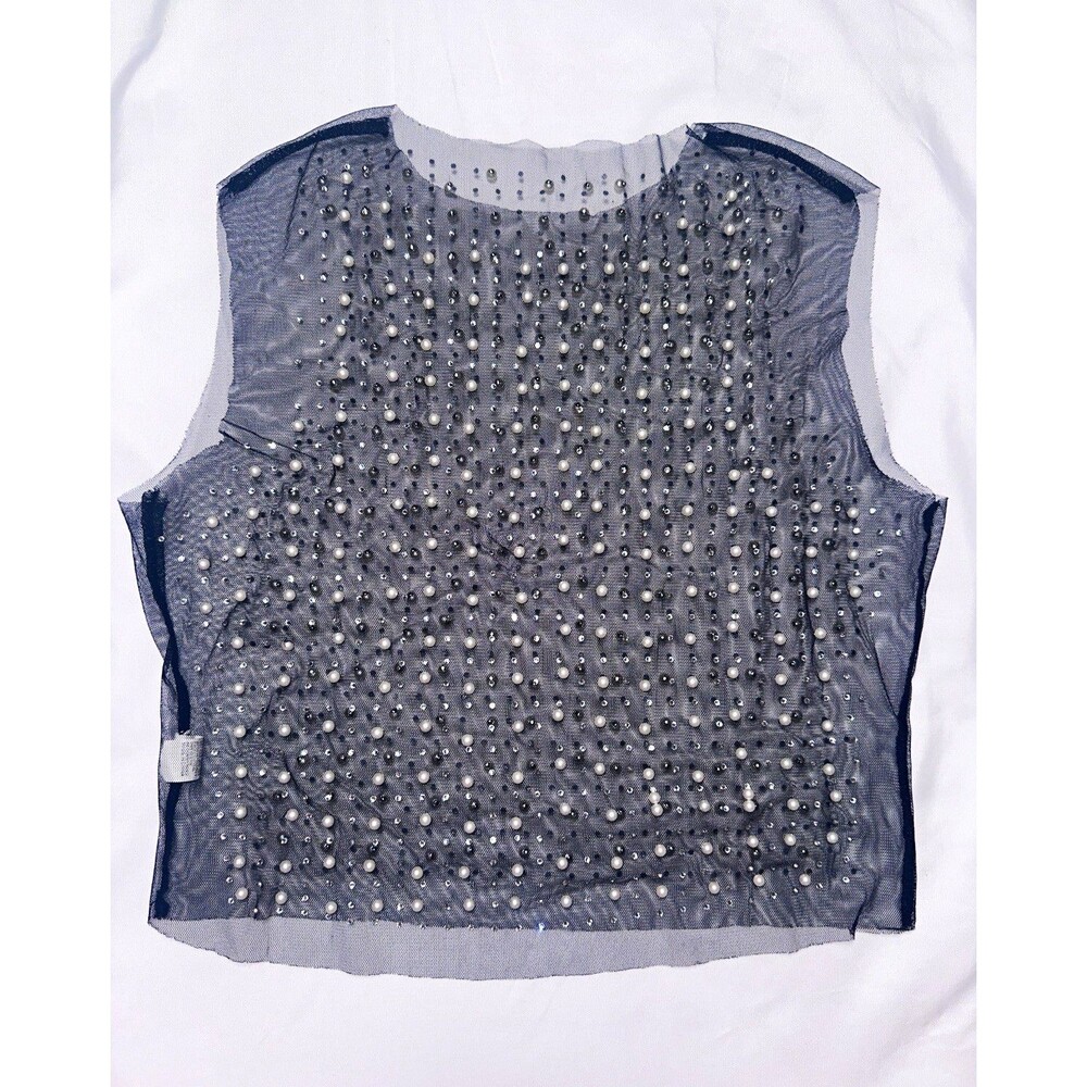 Womens Black Mesh Sheer Beaded Sequin Cropped Tank Top Sleeveless Size L